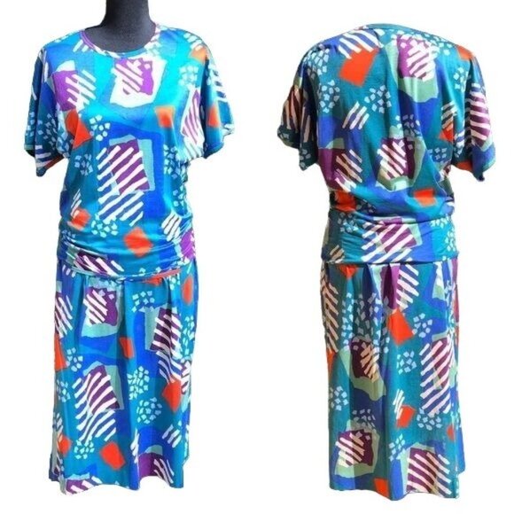 Vintage 1980s Missoni Matching Skirt & Top Blue Abstract Print Size Small - Picture 2 of 8